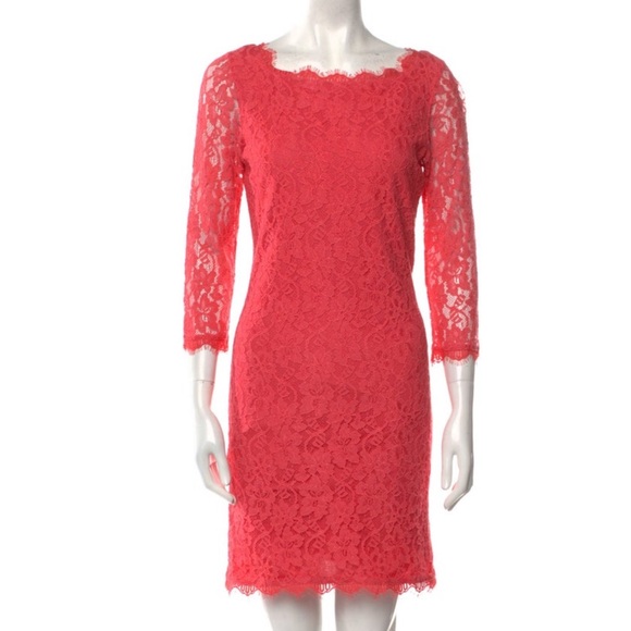 Diane von Furstenberg DVF Zarita Lace Pattern Hot Coral Mini Sheath Dress Size 8 - Picture 1 of 6
